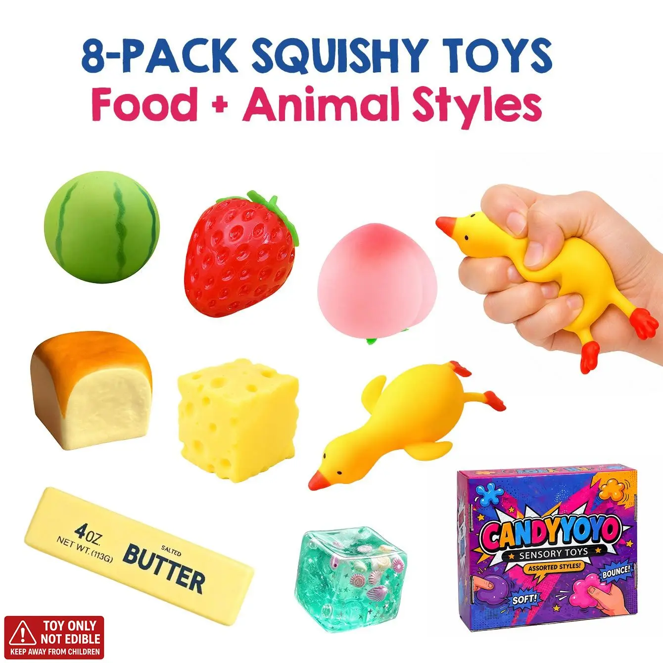 Candyyoyo 8-Piece Soft Squishy Toy Set, Food & Animal Shapes, Gentle Texture, Stress Relief, Sensory Stimulation, Kids Birthday Party Toys