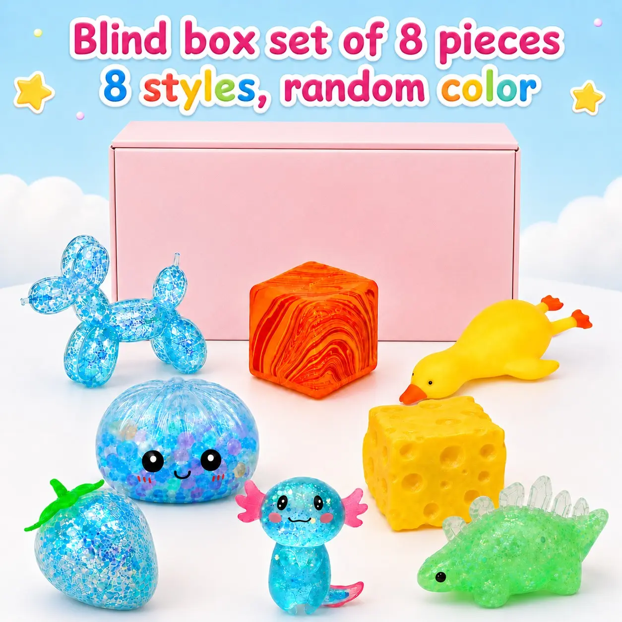 8PCS Viral Squishy Toy Set, Portable Glitter Animal & Food Squeeze Toys with Balloon Dog, Axolotl，Cheese, Dumpling, Strawberry, Goose and Dinosaur, Sensory Fidget Gifts for Teens & Adults, Stress Relief Squishy