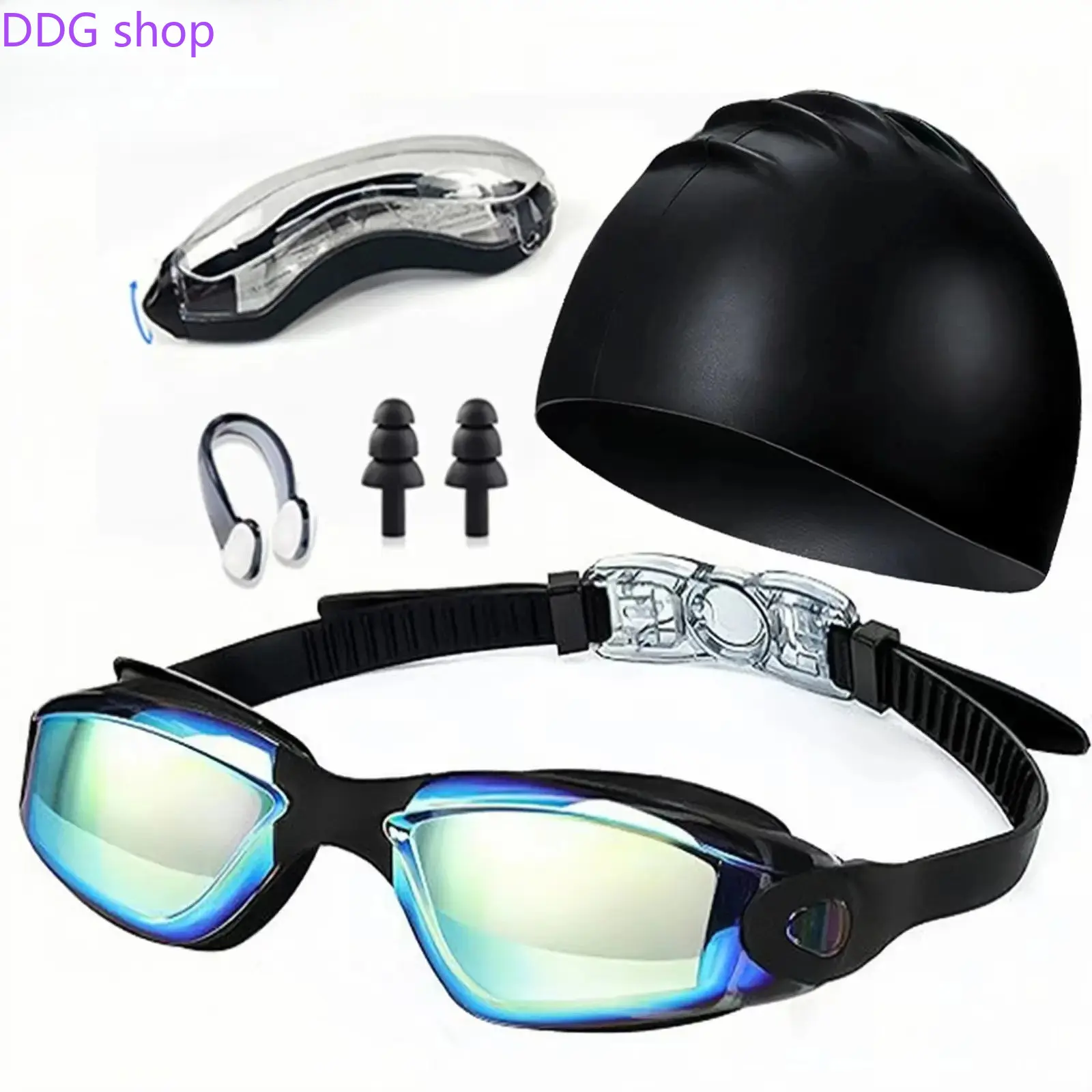 Adults Swim Goggles & Cap Set, Mirrored Anti-Fog Clear Lens Swimming Glasses with Nose Clip Ear Plugs, Waterproof Comfort Water Sports Accessories for Men Women Pool Beach Summer
