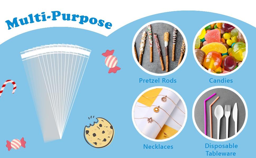 Self Sealing Cellophane Bags,2x10 Inches 100 Pcs Clear Pretzel Rod Bags, Resealable Bag for Packaging ICY Candy Popsicle