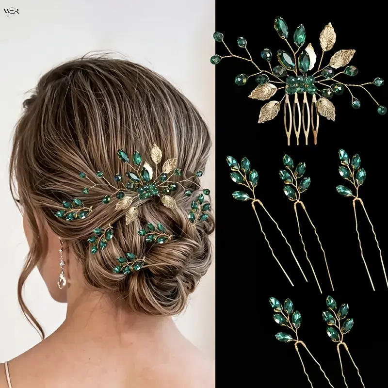 6Pcs Vintage Emerald Green Crystal Leaf Hair Accessories Set Gold Wire Floral Branch Hair Comb + U-Shaped Hair Pins Bridal Wedding Updo Hairstyle Decorative Hair Jewelry
