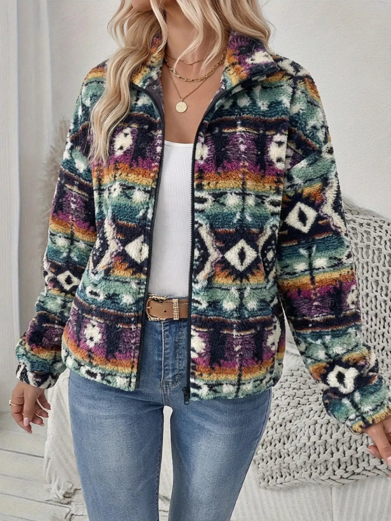 Vintage Aztec Tribal Geometric Pattern Fleece Sherpa Zip Up Jacket Women Stand Collar Long Sleeve Cropped Fuzzy Coat Retro Western Boho Streetwear Warm Outerwear For Fall Winter Daily Outfit
