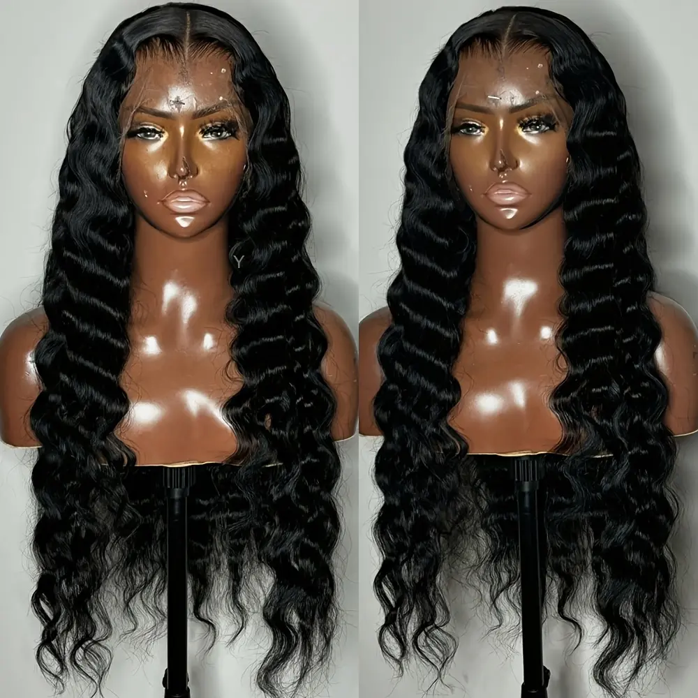 Deep Wave Black Lace Front Wigs for Women Long 28Inch 180Density 13X4 Free Part Black Curly Wave Preplucked Glueless Synthetic Hair Lace Front Wig for Party Wear Daily Wear Wig