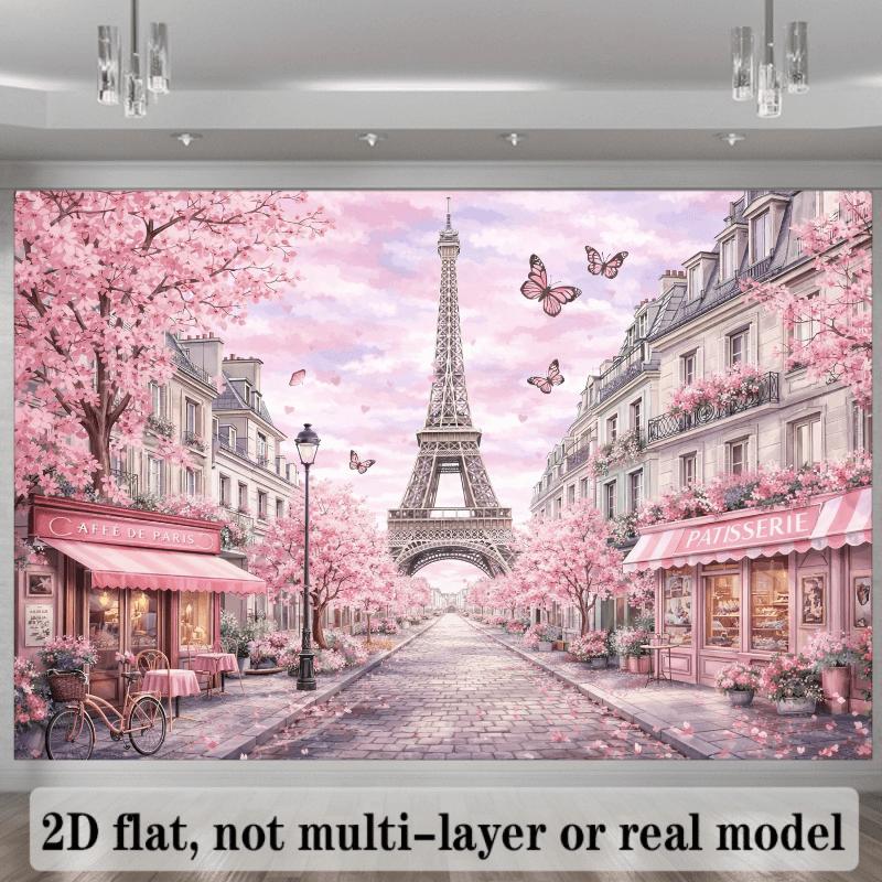 French Paris Cherry Blossom Backdrop Suitable for Wedding Decorations, Photo Studio Background with Eiffel Tower, Fountain & Pink Blossoms - Wrinkle-Resistant Spring Theme for Parties, Birthdays, Home Decor - No