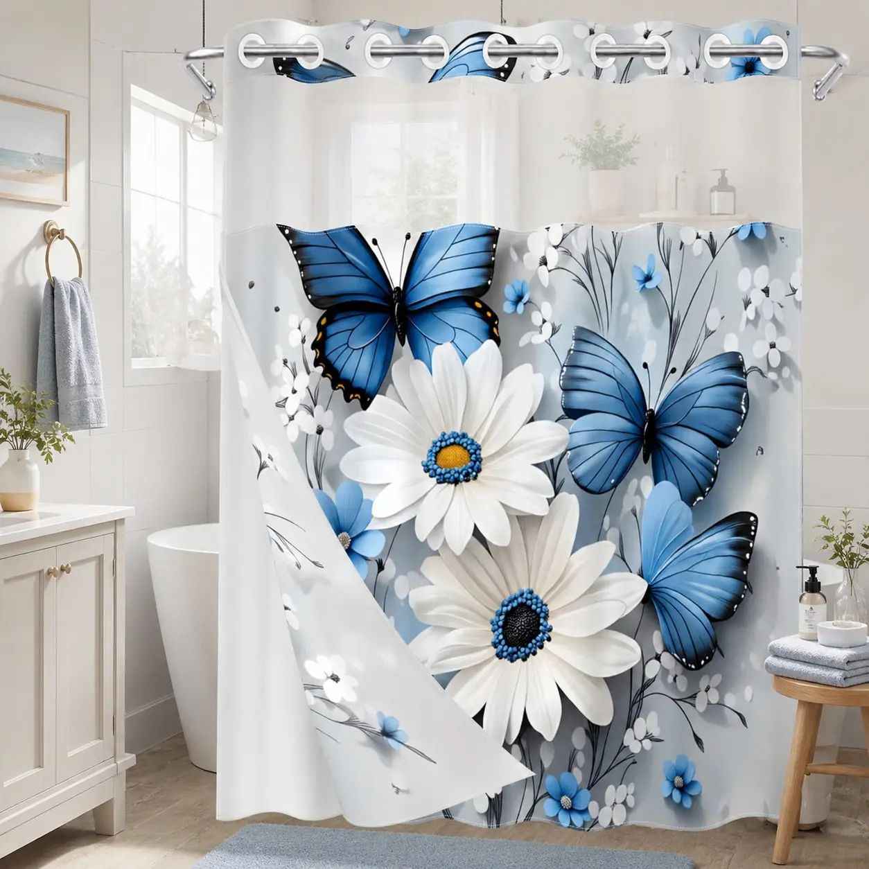 1 Piece Hookless Double Layer Pretty Shower Curtain, Blue Butterfly & White Daisy Print Bath Curtain with Removable Liner and Top See-Through Window, Waterproof and Mildew Resistant, Durable Fabric, Farmhouse Home Decor, 71×74""