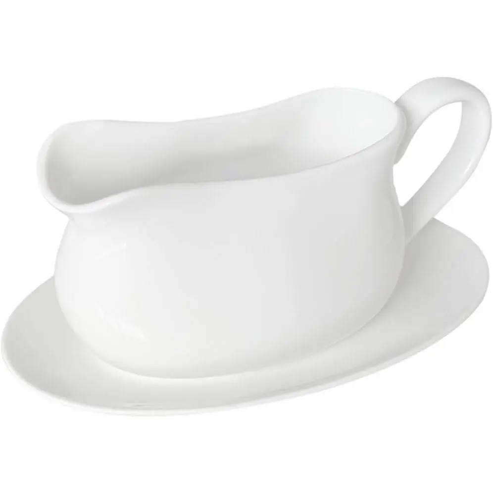 17oz Ceramic Gravy Boat with Saucer Stand, Set of 1, Sauce Boat with Tray for Salad Dressings, Ketchup, Creamer, Broth, Black Pepper, White