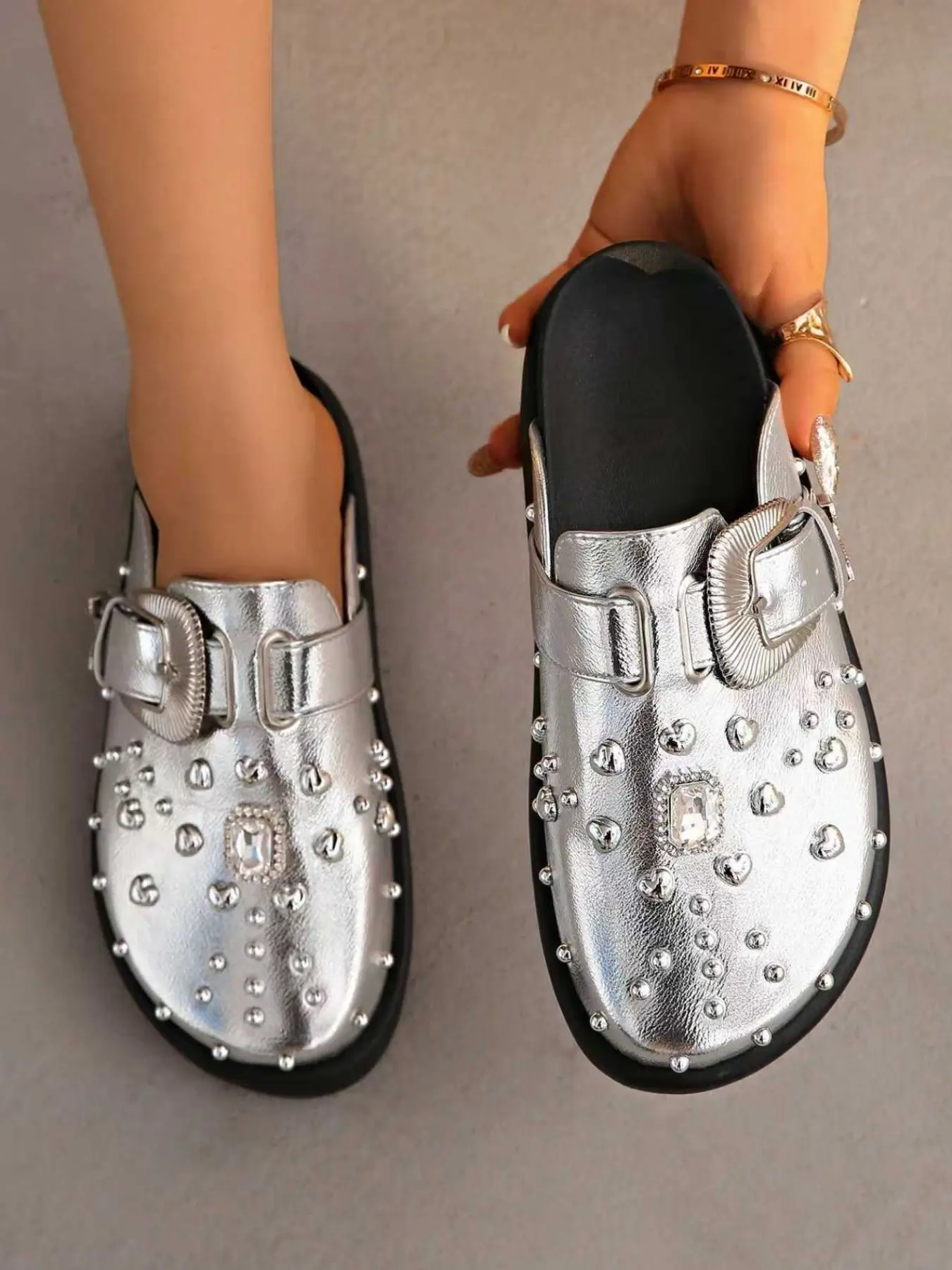 Women's Fashion Silver Color Leather Rhinestone Double Strap Thick Sole Rubber Mules, Soft Bottom Lazy Casual Sandals, Party Daily Wear