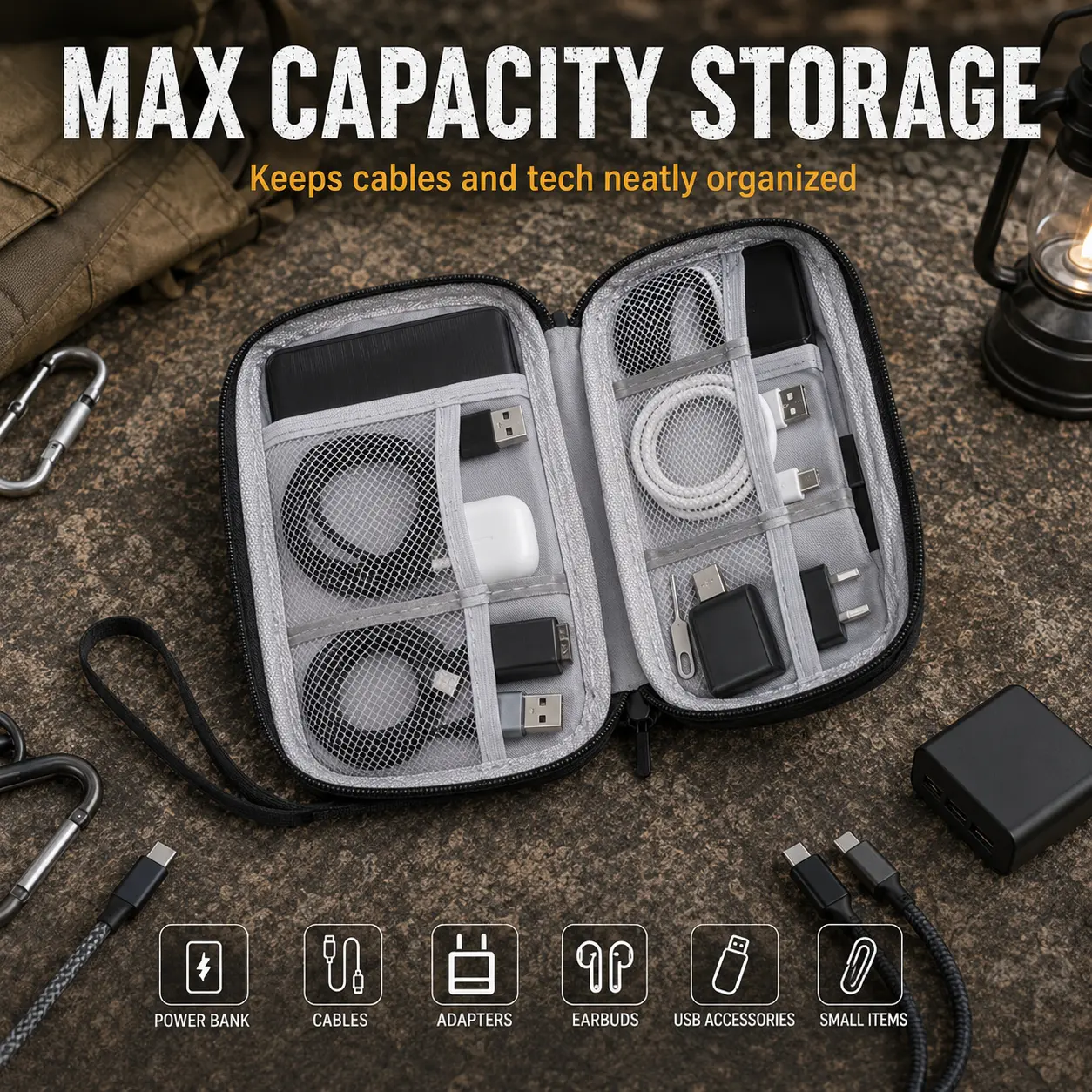 Polyester Foldable Electronics Organizer Travel Case - Waterproof Zip Cable Storage Bag with Mesh Pockets for Charger, USB Cables, Power Bank, Adapters, Sports & Outdoor Gear, No, Compact