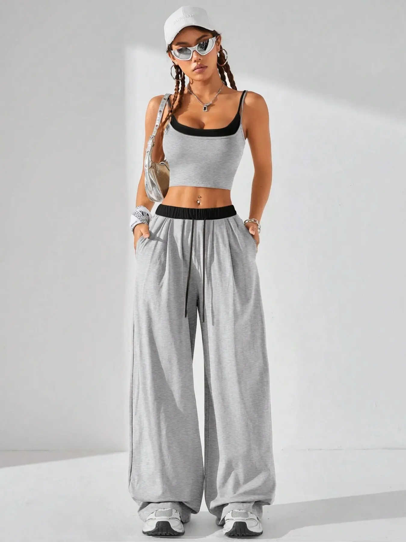 Women's Fall Winter Sport Fitted Knit Two-Piece Set, Sweat Suit Set, Tank Top Sleeveless & Sweatpants Comfortable, Back-To-School Clothing, Home Wear, Fashion Clothes Set, Pants Set Outfit, Casual Everyday Set