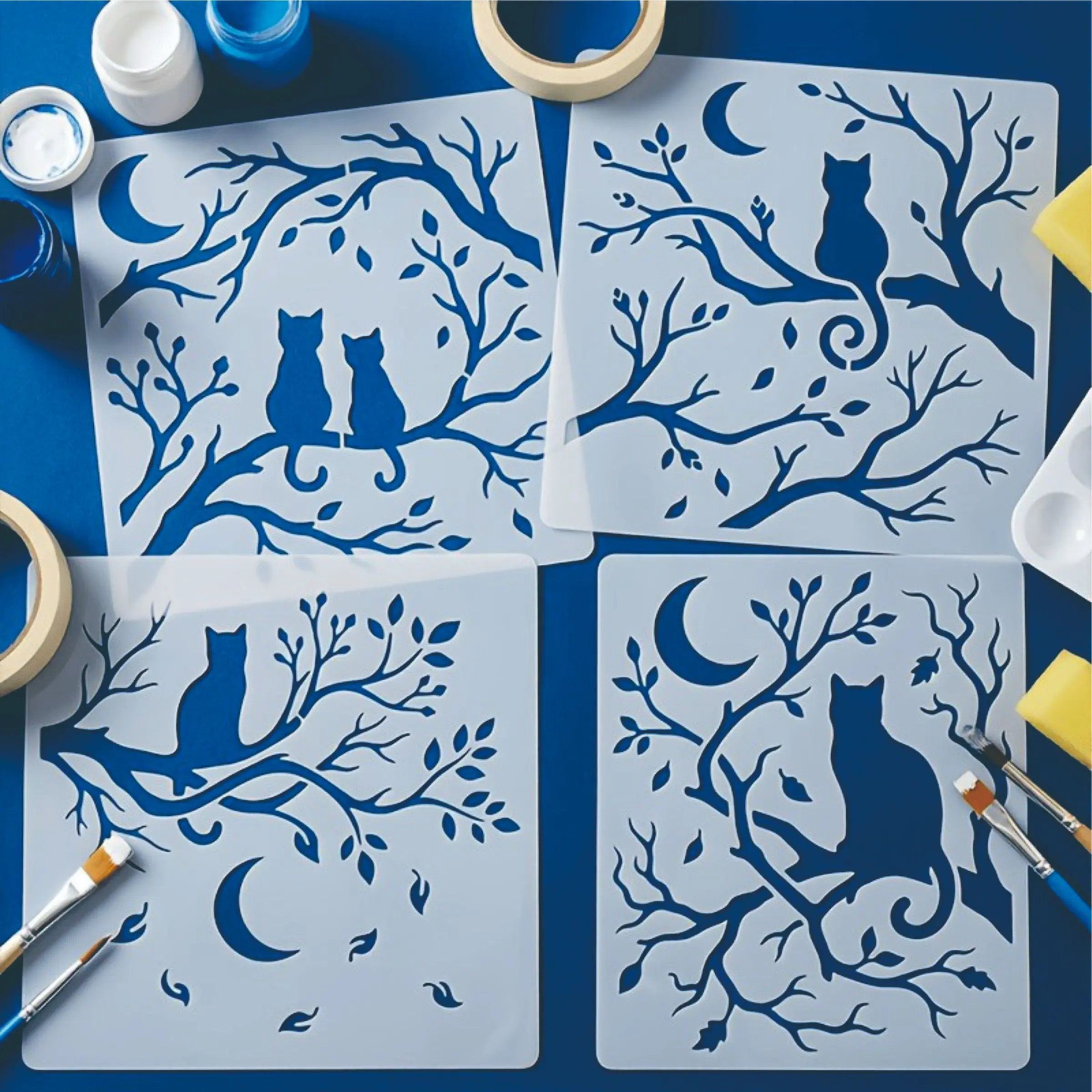 4 Cats and Branch Templates, Elegant Cat Tree Leaf Moon Design, Reusable Creative Natural Art Craft Stencils for Walls Fabric Tile Canvas
