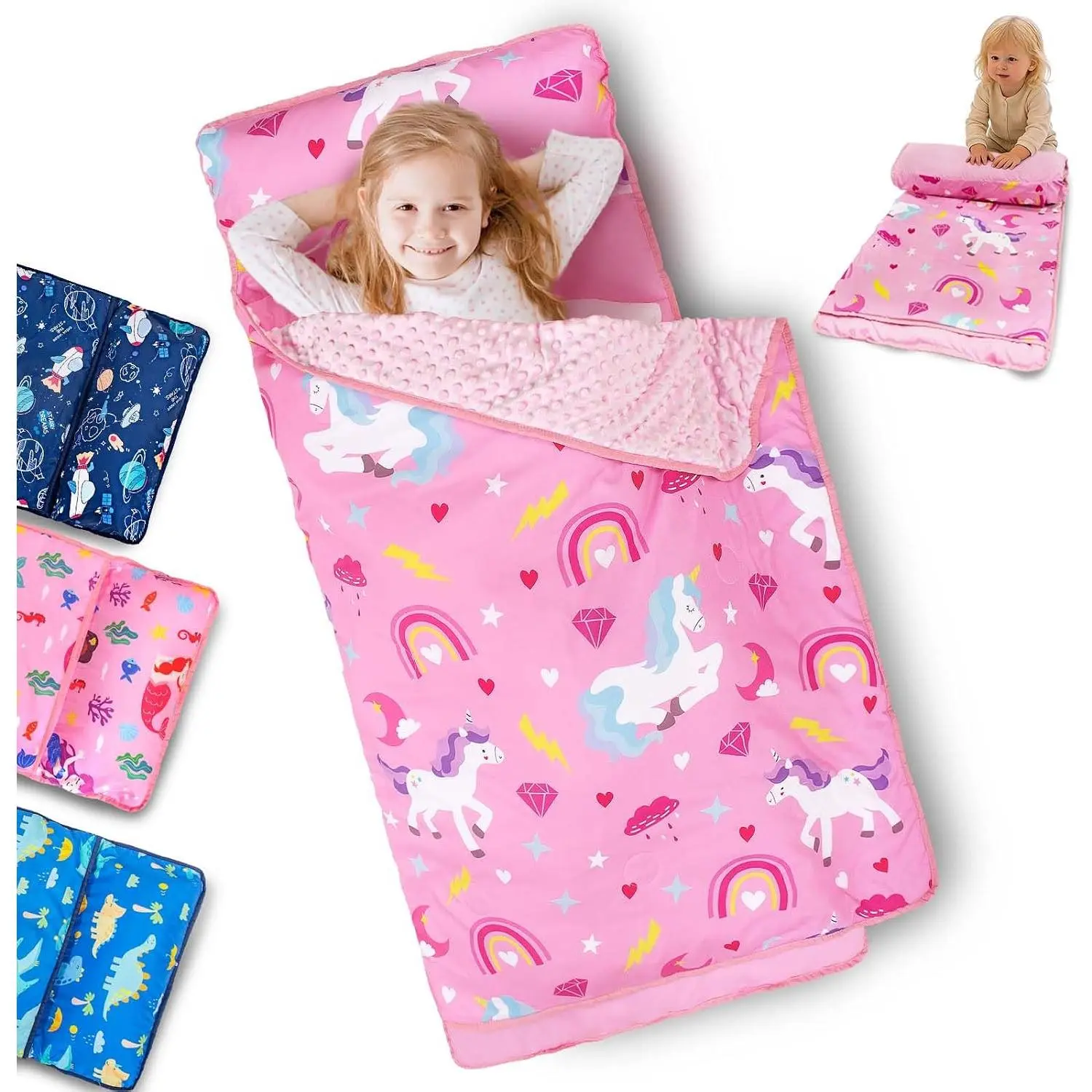 Toddler Nap Mat with Removable Pillow and Fleece Blanket, Extra Large 55''x35'' Sleeping Bag, Washable, Light, Easy to Roll up, Perfect for Daycare, Preschool, Kindergarten, Travel