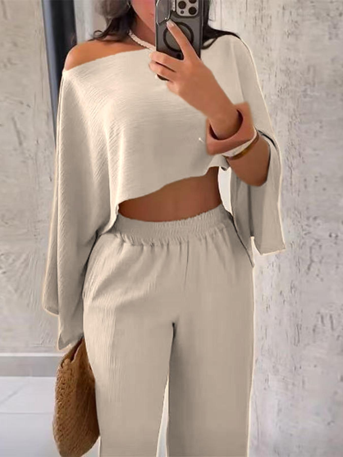 Women's Fashionable Asymmetrical Neckline Top & Elastic Waist Pocket Pants Set, Fit, Elegant Casual for Beach Vacation