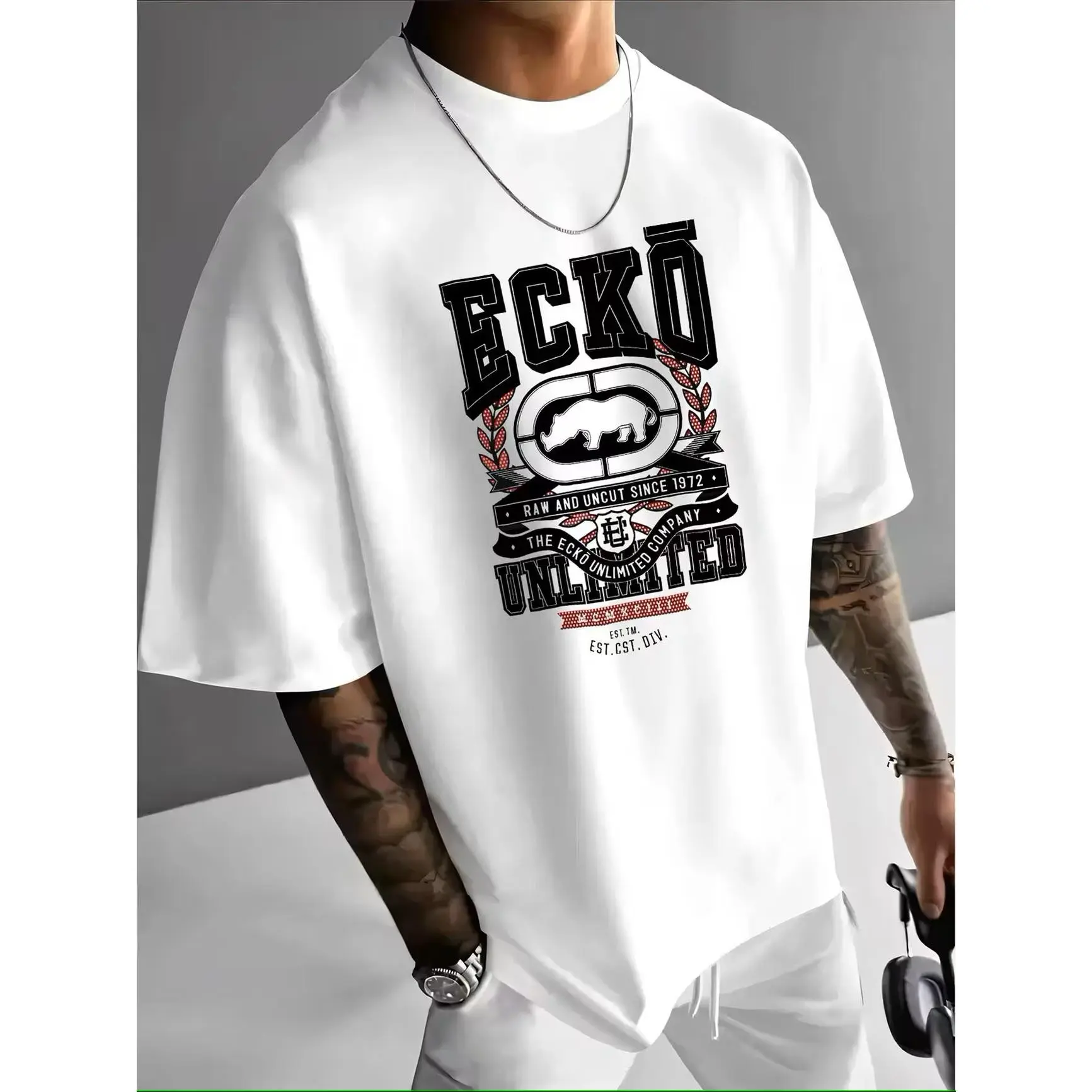 Vintage Rhino Ecko Unlimited Letter Graphic Oversized Cotton T-Shirt Men Classic Retro Fashion Outfit Comfort Casual Tee Perfect Valentine's Day Gift For Him Dad Friend Holiday Birthday Present