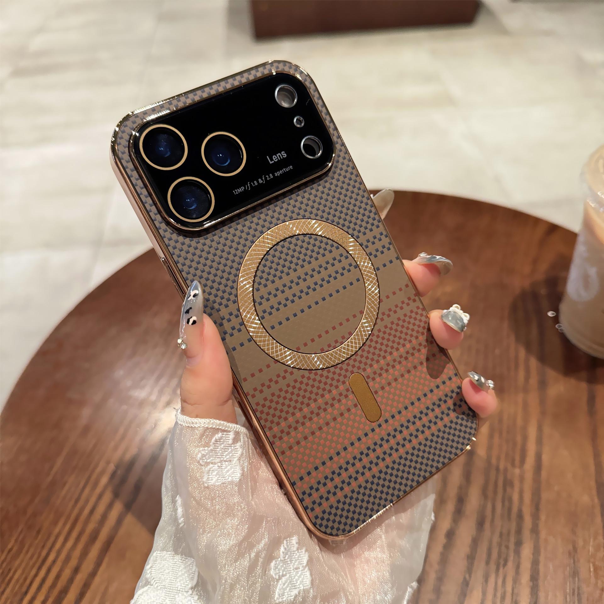 Suitable for iPhone 17 Magnetic Phone Case Rotating Stand iPhone 16 Pro Max Large Window Electroplated Fiber Texture