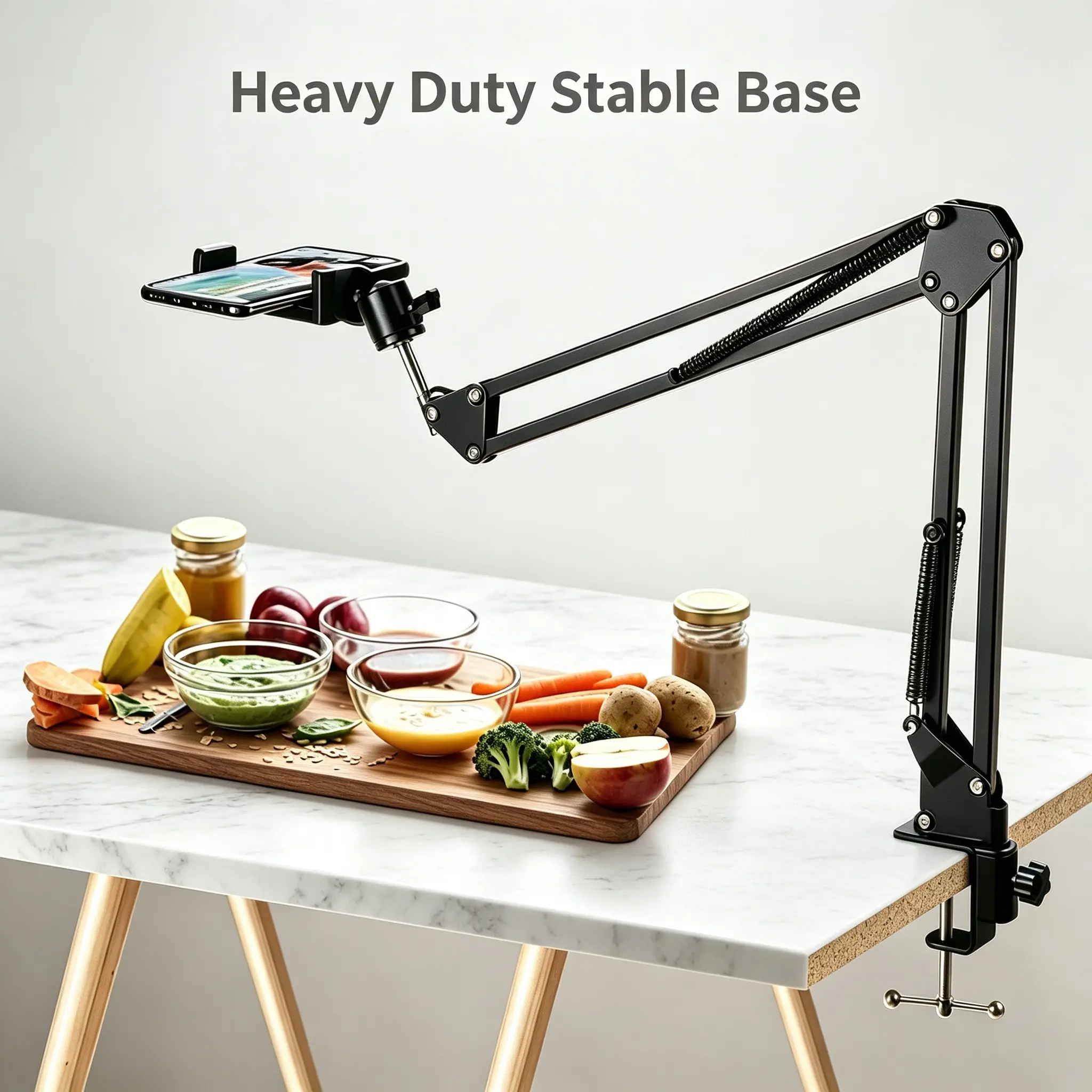 Upgrade Dual Spring Reinforced Arm Phone Stand, Full Metal Foldable Adjustable Mechanical Arm, No Drilling Desktop Clip, Ideal for Viewing, Filming, Office Use