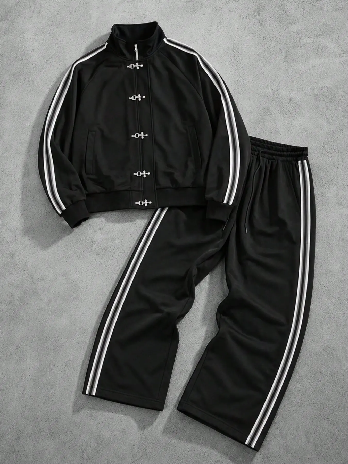 Opium Aesthetic Y2K Streetwear Tracksuit Set Casual Athletic Clothing Unisex Metal Clasp High Neck Track Jacket and Wide Leg Side Stripe Pants 2 Piece Outfits for Grunge Dance Rave