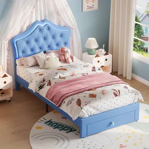 Twin Size Bed Frame with LED Lights & Velvet Crystal Button Headboard, Upholstered Platform Bed with Storage Drawer for Kids and Teens, Noise Free, No Box Spring Needed