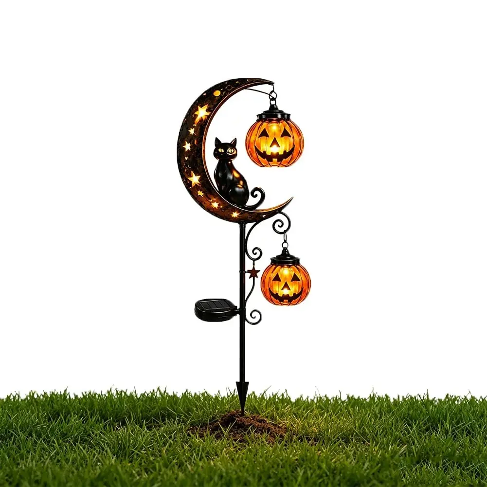 Solar Halloween Garden Decor Plug-In Lamp, Vintage Crescent Cat Design with Glowing Pumpkin Lantern, Outdoor Waterproof LED Lawn Light
