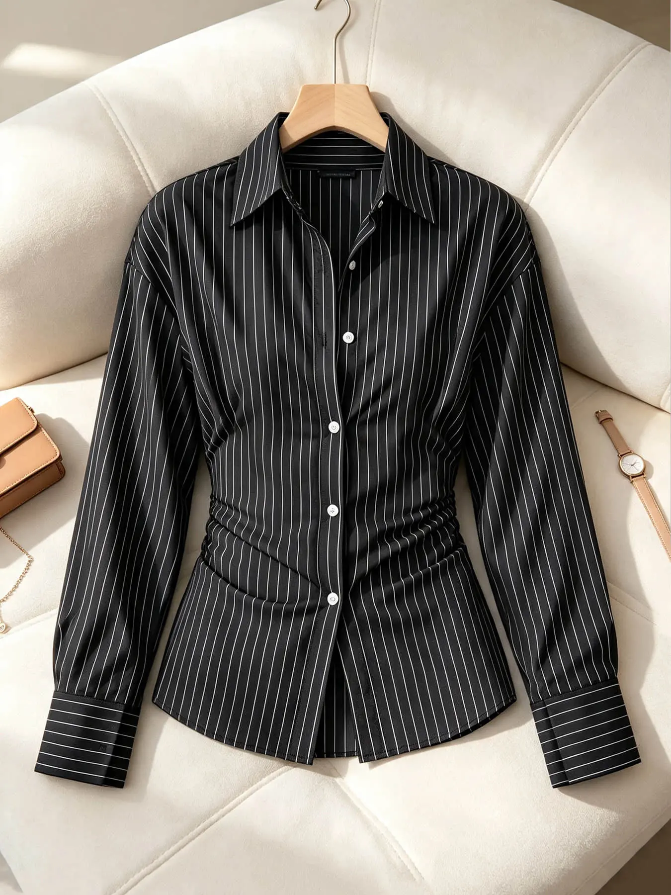 A fashionable and sophisticated long sleeved shirt with a cool and sophisticated style, designed with a front shoulder and waist cinching design, suitable for autumn and winter, formal meetings, daily commuting, and weekend gatherings.