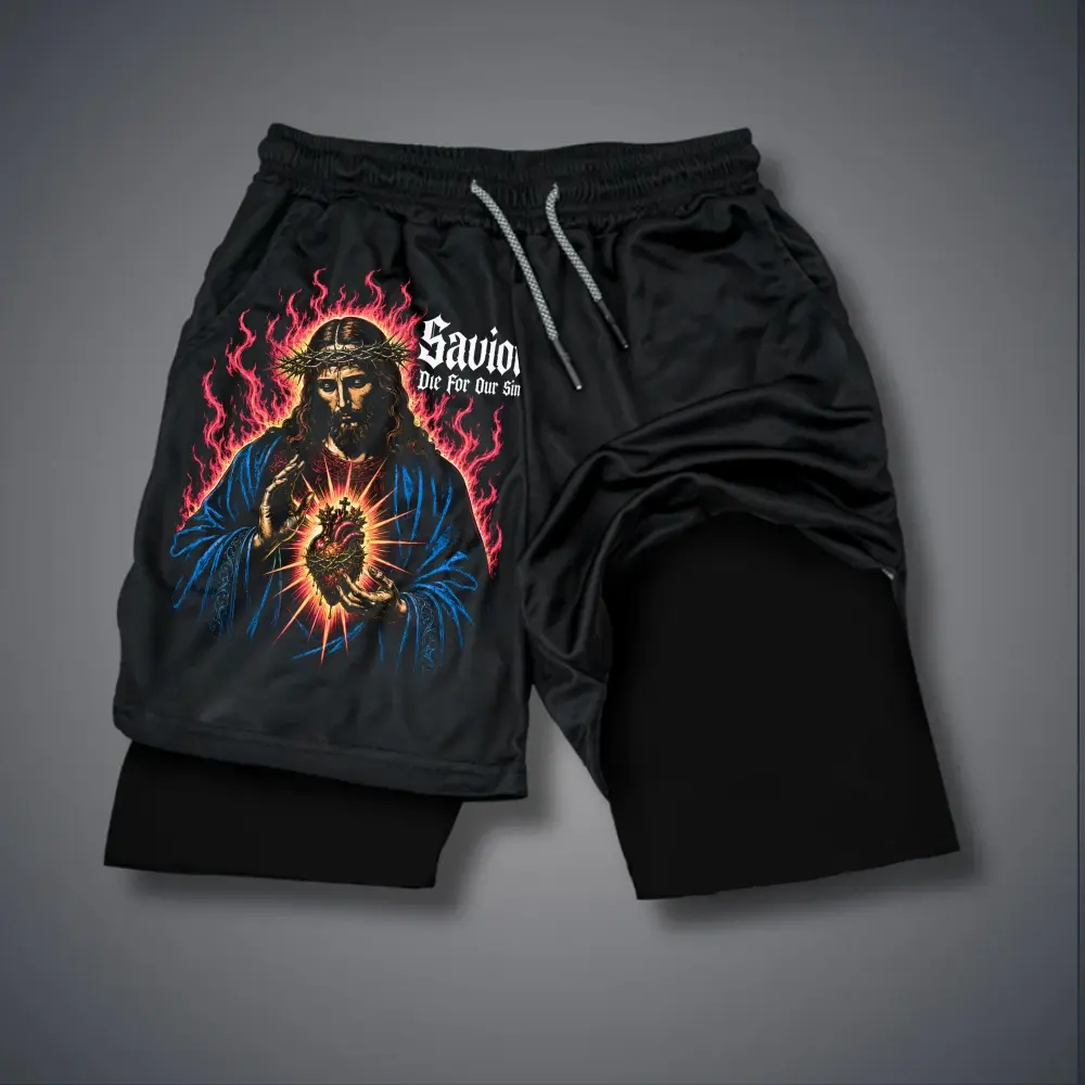 Christian Clothing Double-Layer Sports Shorts Graphic Shorts Black Shorts Camo Shorts Streetwear Shorts Men Outfits Men Short Shorts Vacation Outfits Shorts