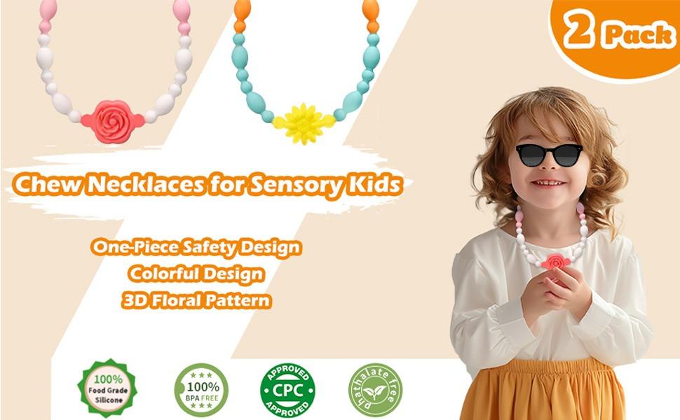 XY-NKL02 Teething Necklace for Baby, One-Piece Safety Design for Toddler, Chew Necklaces for Sensory Kids Adults with Autism, ADHD, Fidget, Biting, Anxiety - Flower Chew Jewelry Toys for Teething Relief
