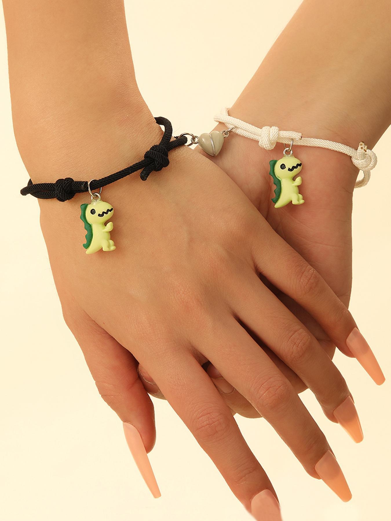 Cute Dinosaur & Magnetic Heart Design Bracelets, 2 Counts/set Fashionable Couple Bracelets for Women & Men, Trendy All-match & Exquisite Jewelry for Gift, Valentine's Day, Gift
