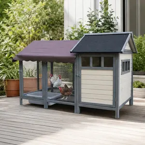 ARCH Large Outdoor Wooden Chicken Coop with Brooding Boxes for 6-8 Chickens, Waterproof Felt Roof, Predator-Proof Wire Run, Solid Wood Poultry Cage with Detachable Canvas Cover, Beige+White/Dark Gray Options, Beige+White/Dark Gray Color Options