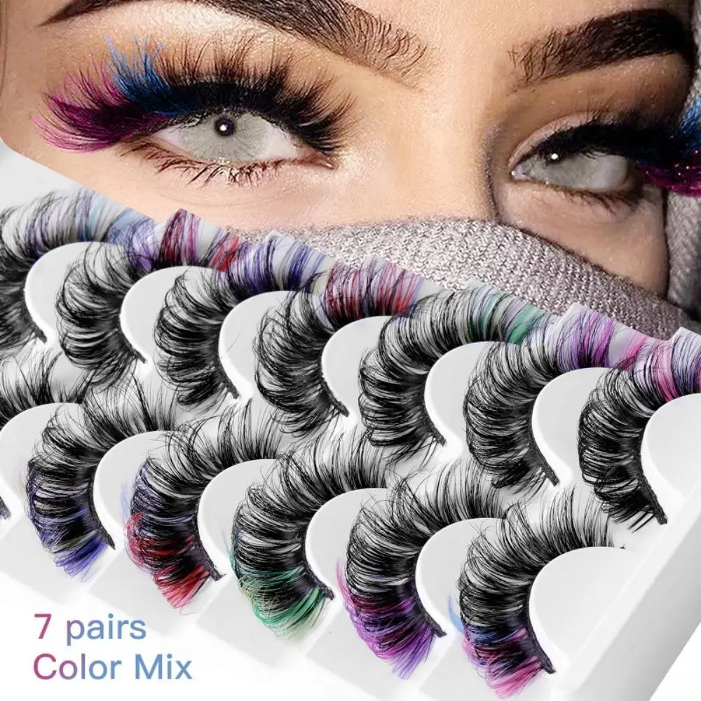 7 Pairs Colored False Eyelashes Set, D Curl Voluminous Curly Lash Strips, Soft Fluffy Colorful Lashes for Cosplay, Party & Creative Eye Makeup Looks