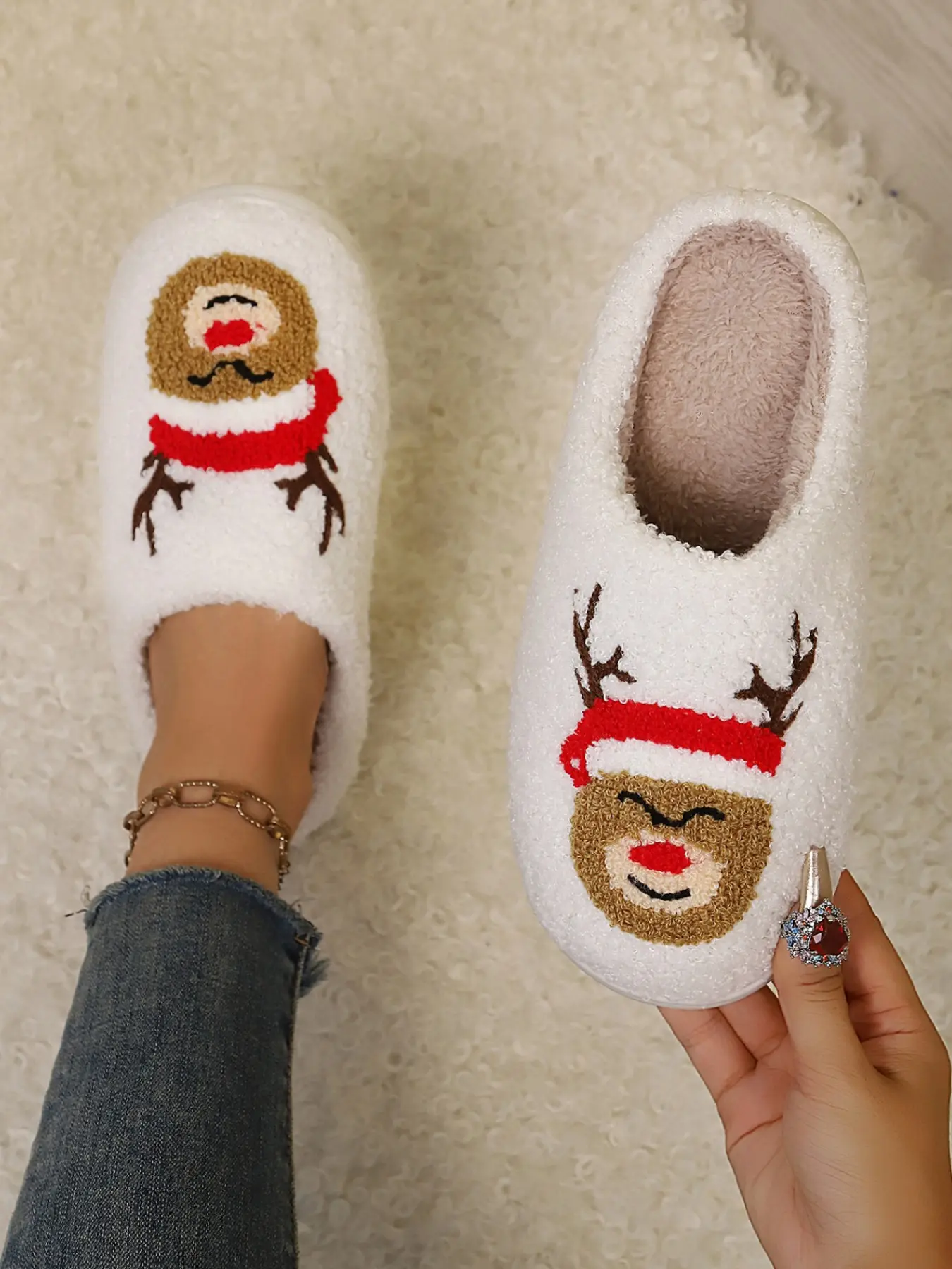 Women's Christmas Reindeer Plush Slippers, Cozy Fuzzy Toe Cover Indoor Shoes, Warm Indoor Footwear, Festive Home Cotton Slip-Ons, Comfortable Holiday Footwear