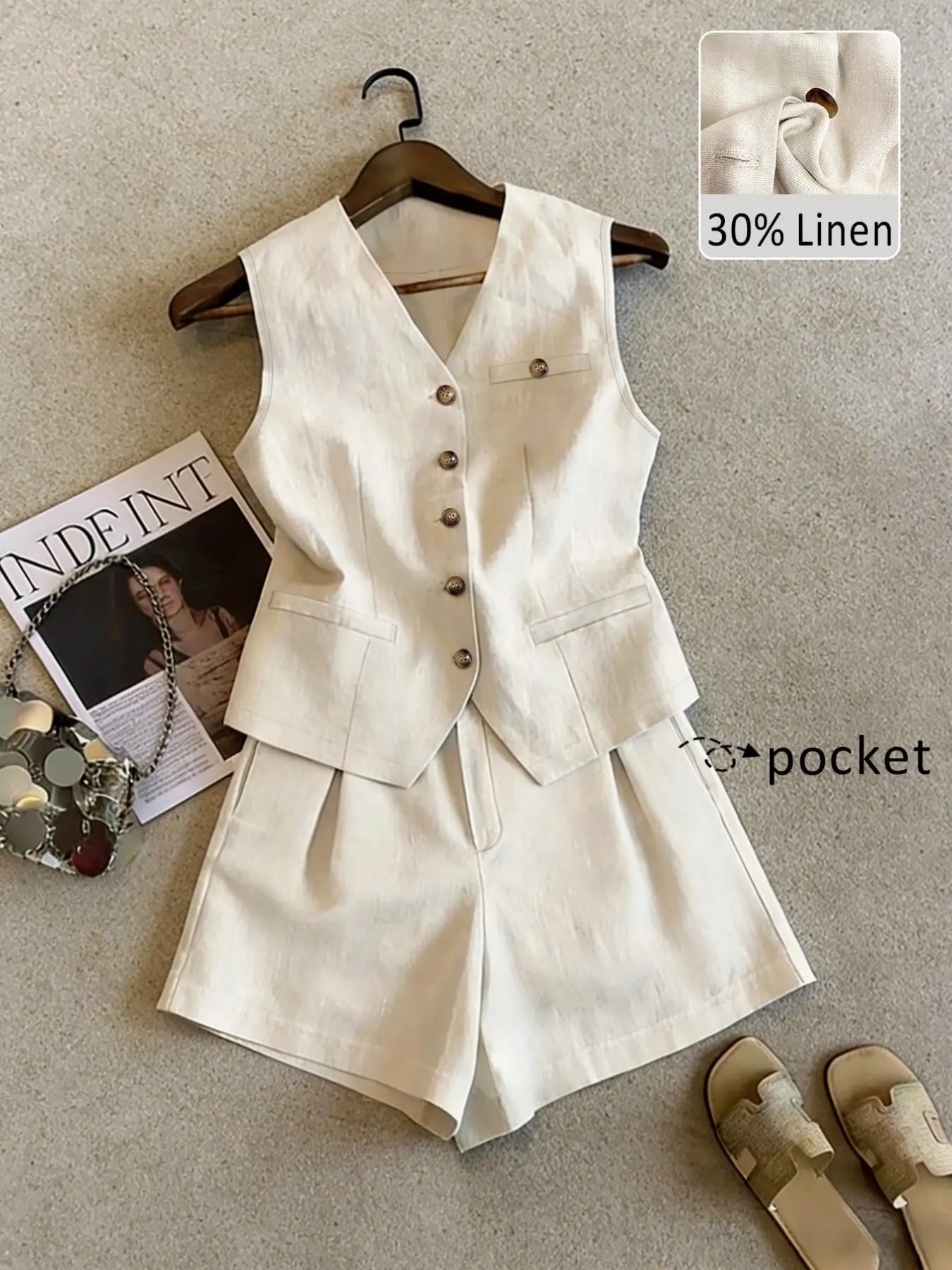 Women's Lightweight Linen V-Neck Sleeveless Blazer Vest & Wide Leg Shorts Set, Breathable Cool Summer, Fashionable Vacation Wear