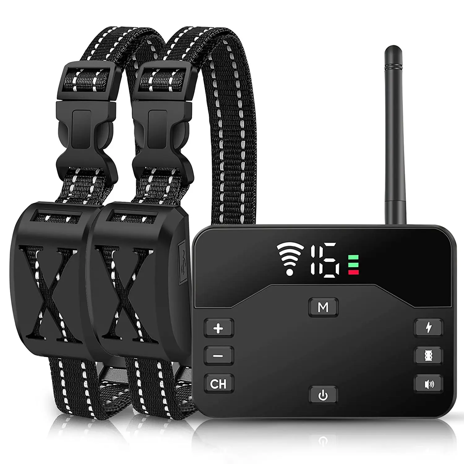2-In-1 Wireless Electric Dog Fence & Training Collar Set - Waterproof Boundary Control System with 2 Rechargeable Adjustable Plastic Receivers, Long Range, Nylon Strap, Whistle, Muzzle, Potty Training Aid for Dogs
