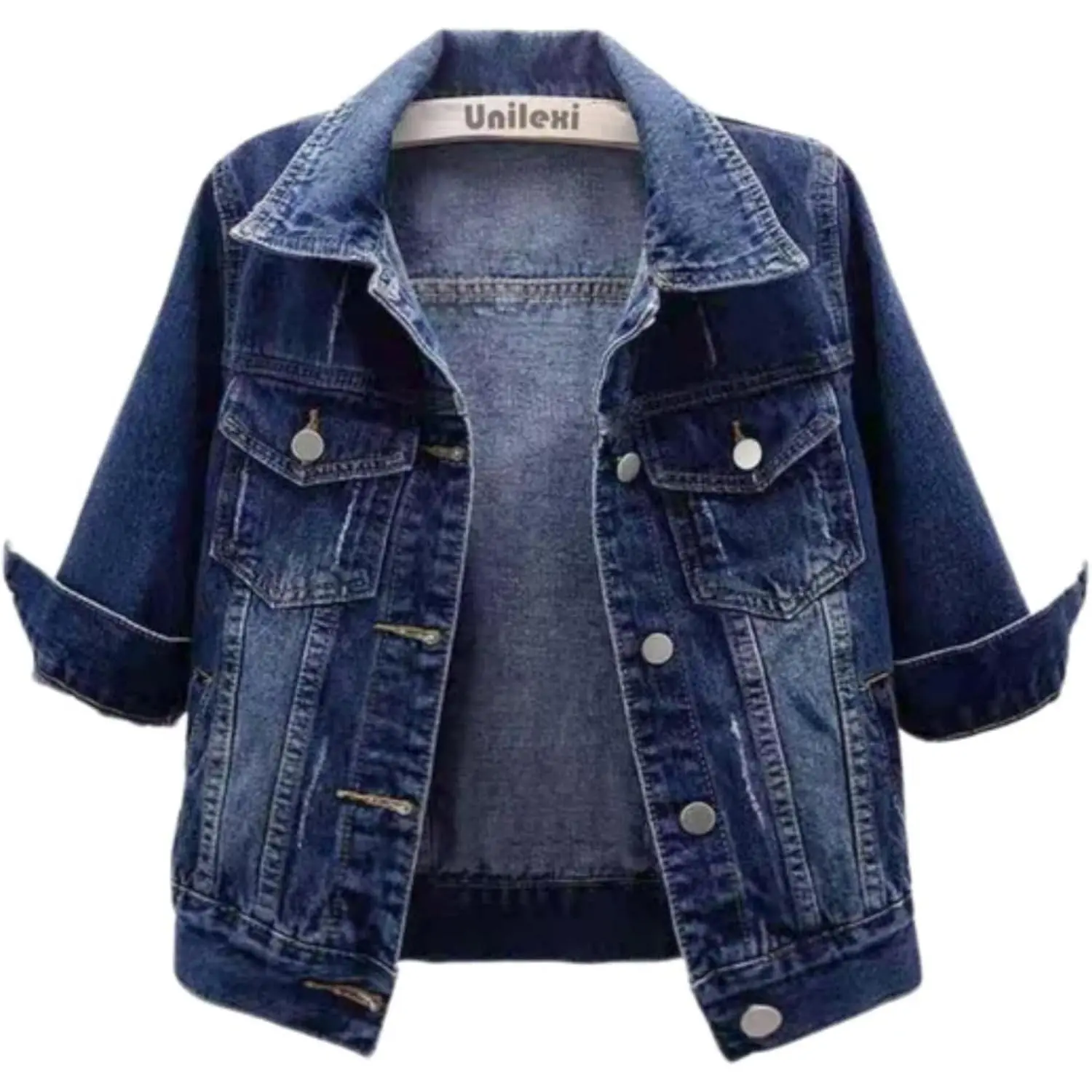 Women's 3/4 Sleeve Colored Cropped Denim Jacket Light Wash Short Jean Jacket Trucker Coat