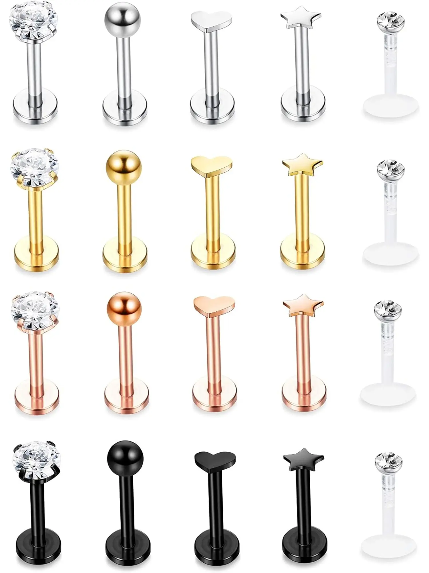 20Pcs 16G 316L Stainless Steel Piercing Jewelry, 6MM Tragus Monroe Lip Rings, Multipurpose Rook Medusa Helix Cartilage Earring, Hypoallergenic Body Piercing Accessories for Daily Wear