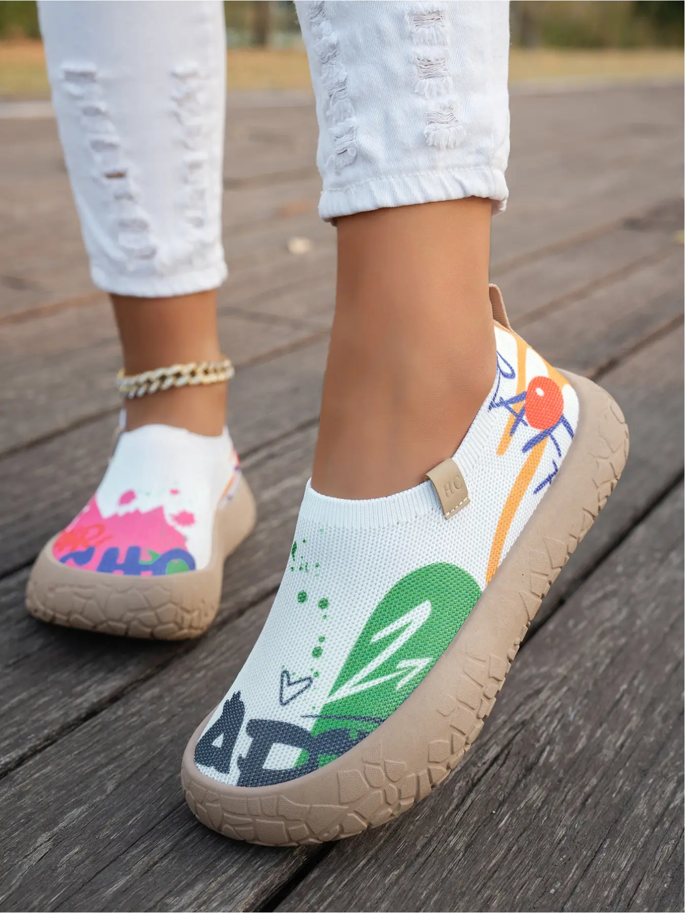 Women's Colorful Graffiti Slip-On Sneakers, Breathable Knit Mesh Walking Shoes, Casual Lightweight Non-Slip Soft Sole Shoes for Outdoor, Work and Travel