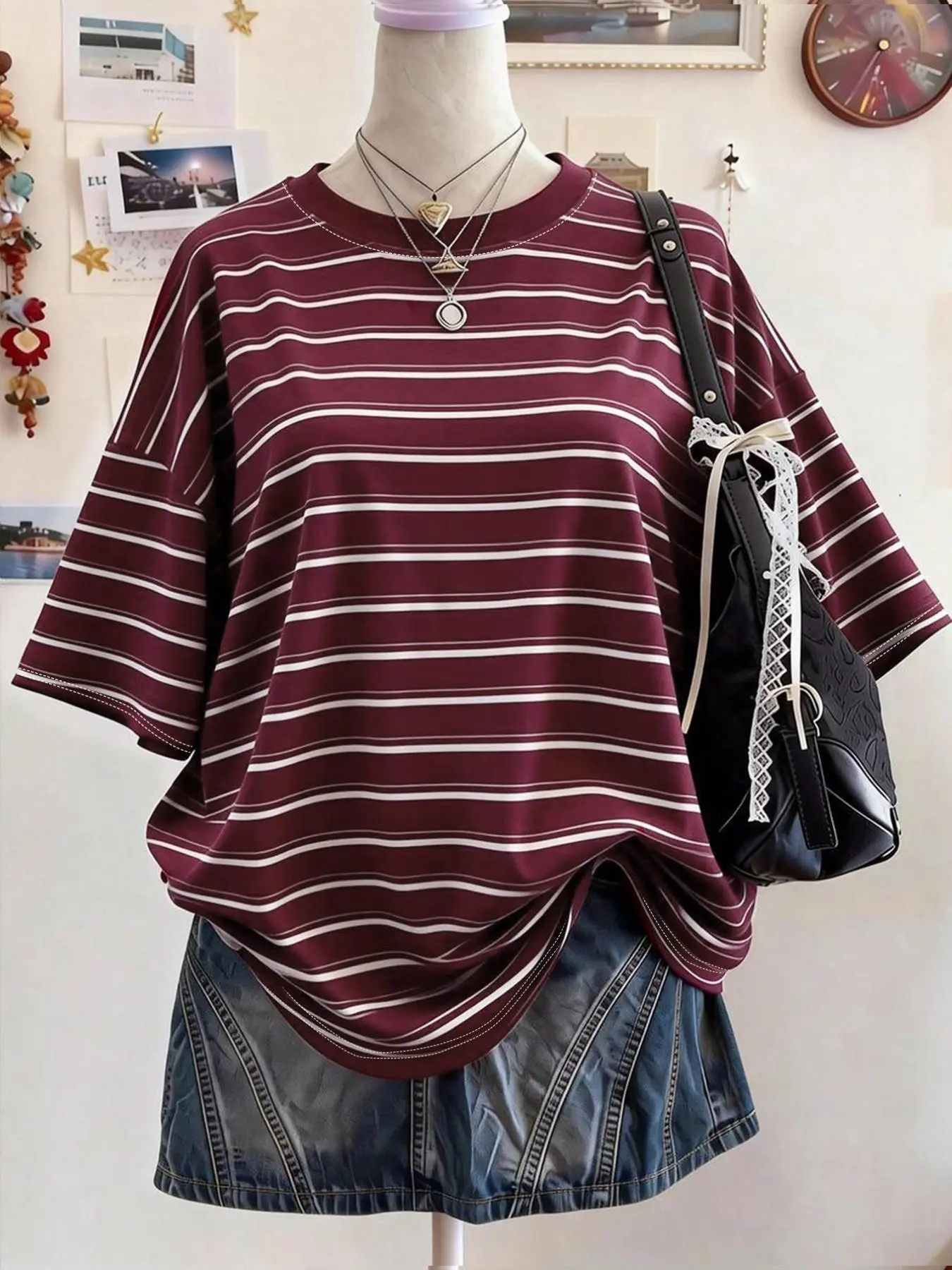 Women's Striped Digital Print Loose Fit T-Shirt, Short Sleeve Round Neck Basic Top, Vintage Casual Style, Soft Comfortable Everyday Wear, Summer Fashion