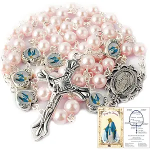 Glass Pearl Beads with Miraculous Epoxy Heart Metal Beads Rosary Necklace pack in Velvet Gift Bag with Rosary Pray Card, Bead Embellished Necklaces, Pearl Bead Chain Necklaces