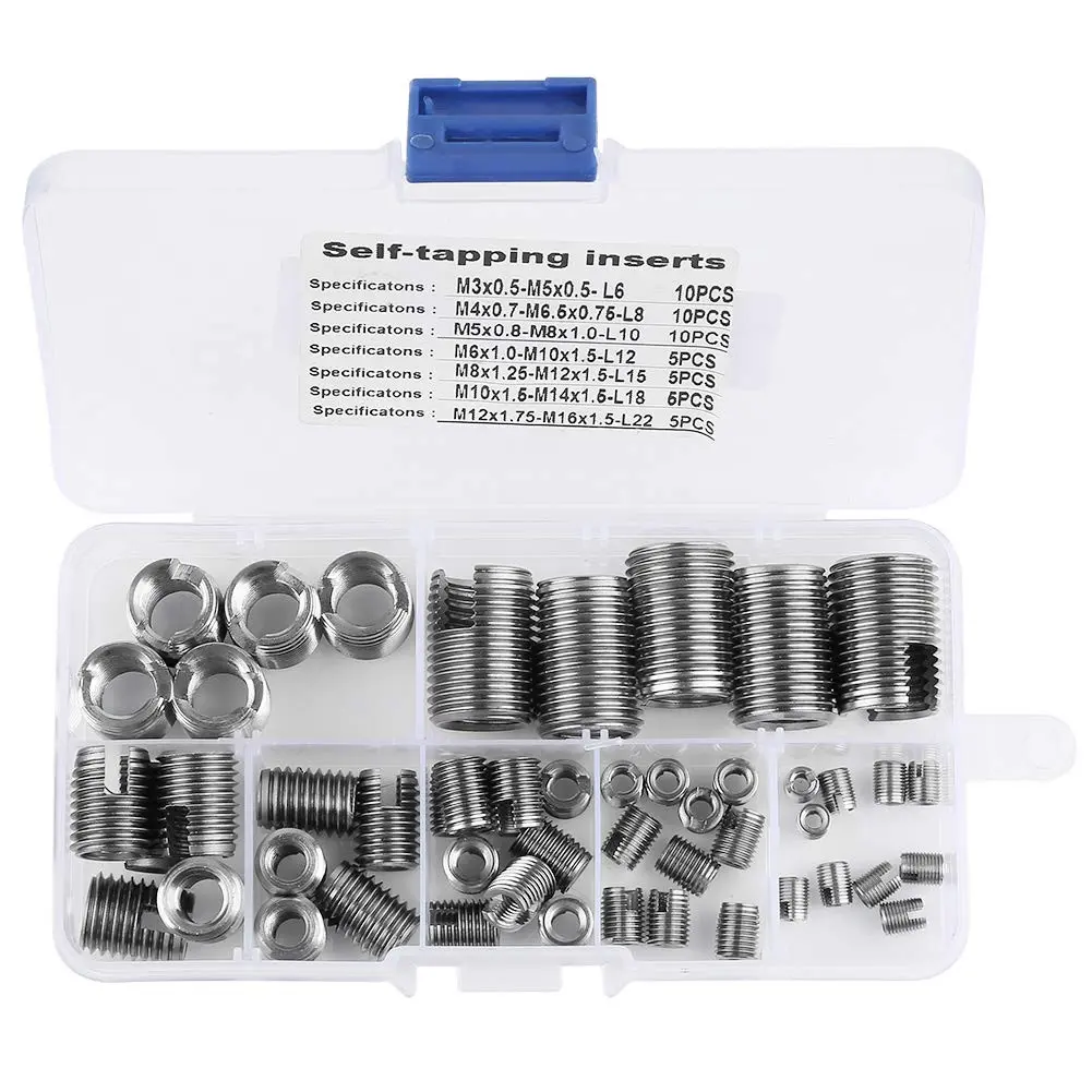 50Pcs Stainless Steel Inner Thread Self Tapping Thread Inserts Set Thread Reinforce Repair Tool M3 with Storage Case