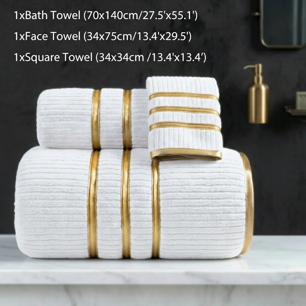 3-Piece Coral Fleece Towel Set featuring gold-trimmed embroidery and striped texture. Includes a hand towel (34 x 34 cm), a face towel (34 x 75 cm), and a bath towel (70 x 140 cm). Soft, quick-drying, and highly absorbent, this set is ideal for home, hote