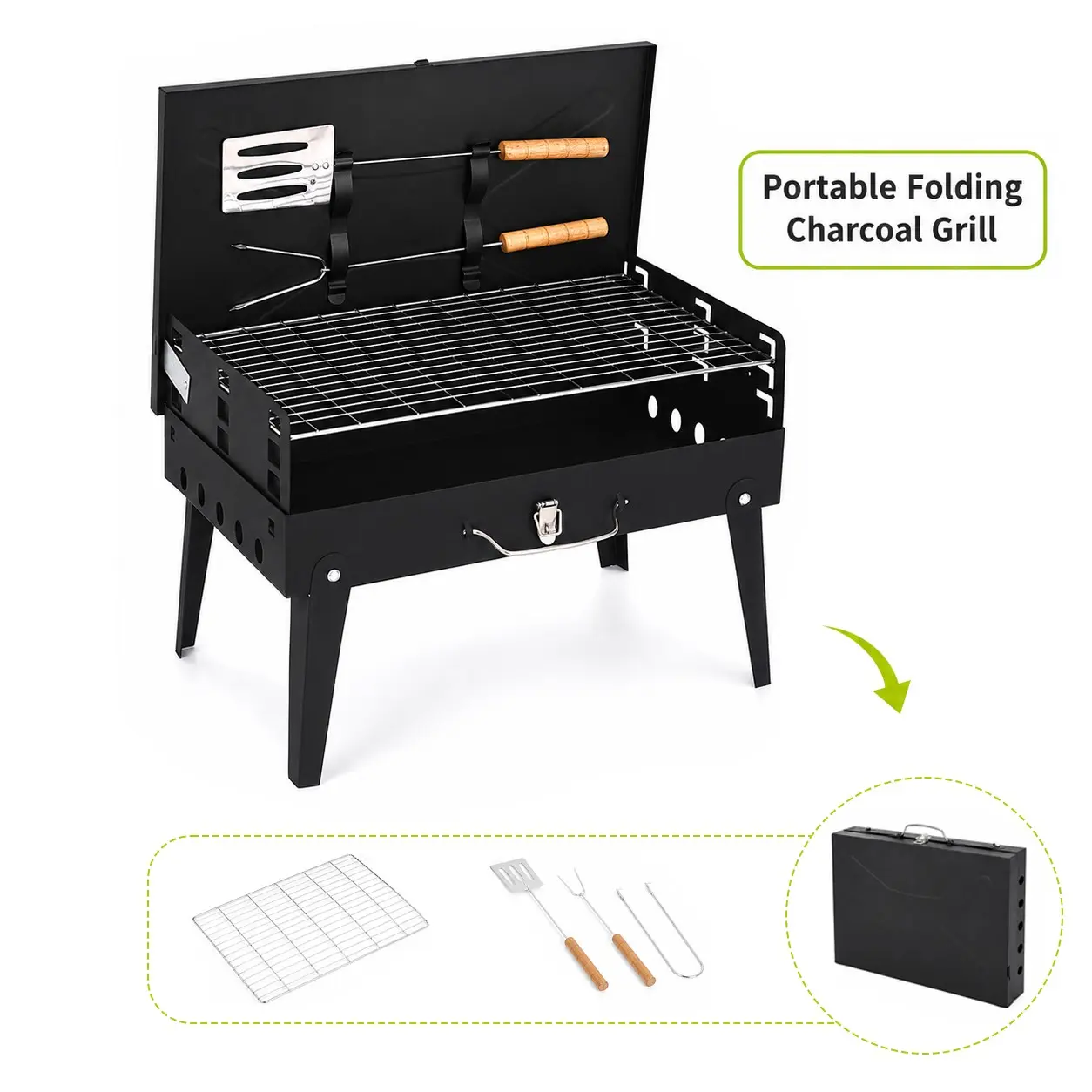 Portable Folding Charcoal Grill for Outdoor Camping, Convenient Foldable BBQ Grill with Cooking Tools, Compact Tabletop Kabob Smoker for Picnics