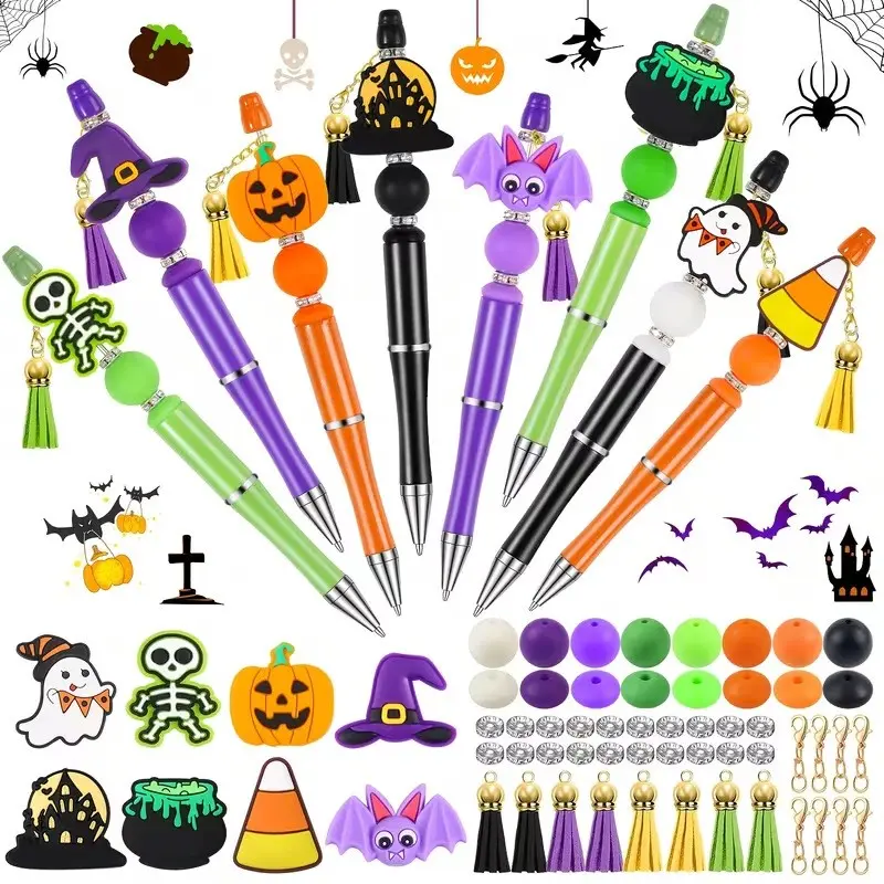 Halloween Beaded Pen, Plastic Beaded Pen with 8 Multicolor Silicone Beads, Pumpkin Bat Skull Witch Hat Pen, Halloween Gift Office School Supplies
