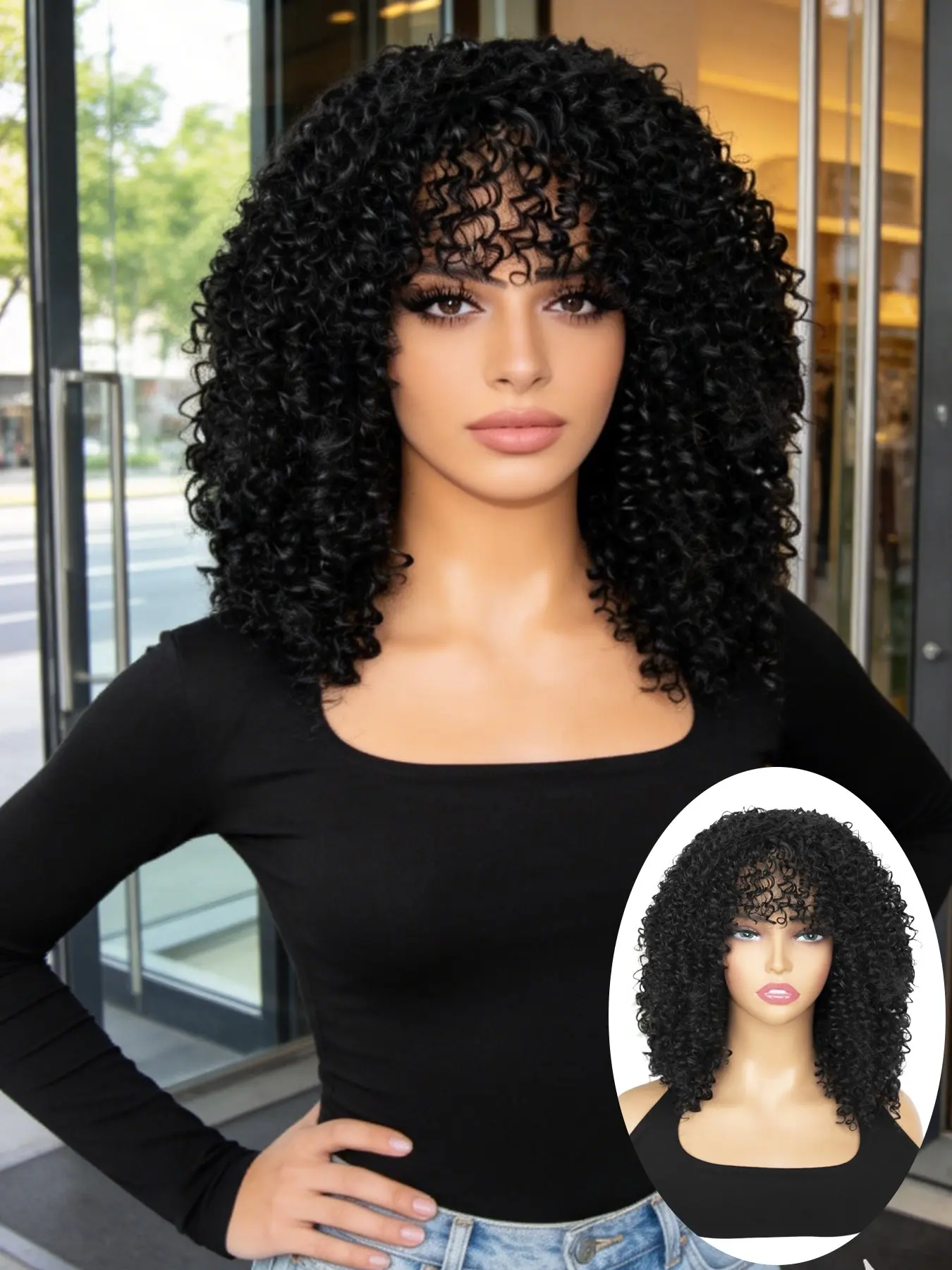 14 Inch Black Short Curly Wigs for Women, Natural Looking Gorgeous Fluffy Hair Wigs with Bangs, Synthetic Full Machine Wigs for Party Photography, Daily Use