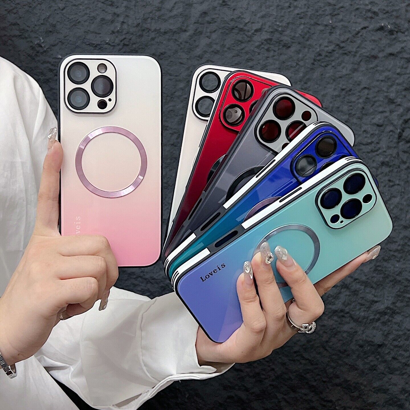 OREKROY【Freeship】Magnetic Gradient Case with Full Camera Lens Protector For iPhone 16 15 14 13 12 Pro Max,Compatible with MagSafe Wireless Charging,Scratch Resistant Gradient Glass Hard Back Cover