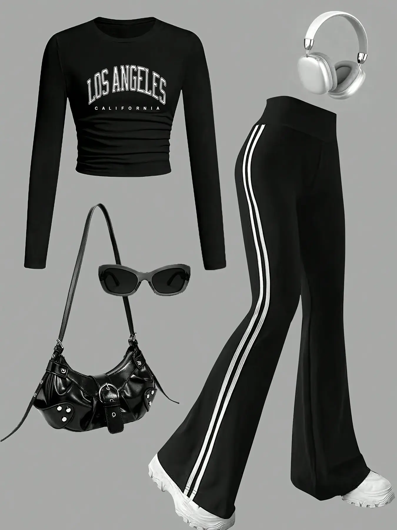 Girls' Vintage Short Sleeve Set, Los Angeles Letter Print, Fitted Round Neck Top, High Waist Joggers, Y2K Street Style, Casual, Fashion, Everyday