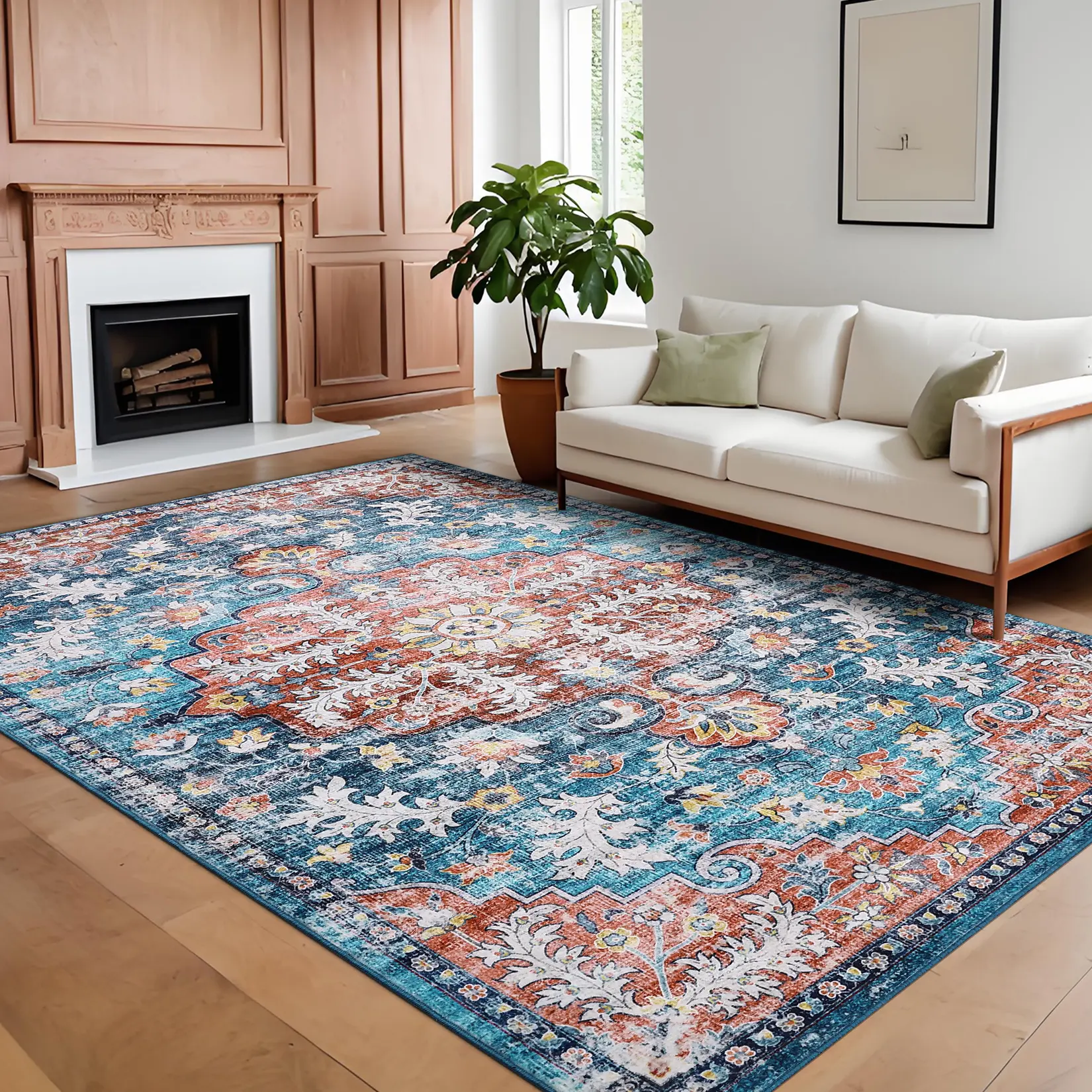 Washable Non-Slip Runner Rug – Bordered Design, Soft Collapsible Low Pile Carpet for Entrance, Living Room, Bathroom