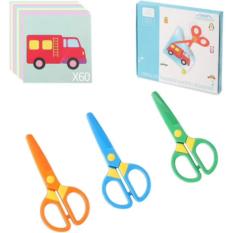 3 Pack Toddler Safety Scissors Kit, Preschool Training Scissors with 60 Sheets Craft Paper, Ergonomic Blunt Tip Early Childhood Development Art Tools for Kids Ages 2-5