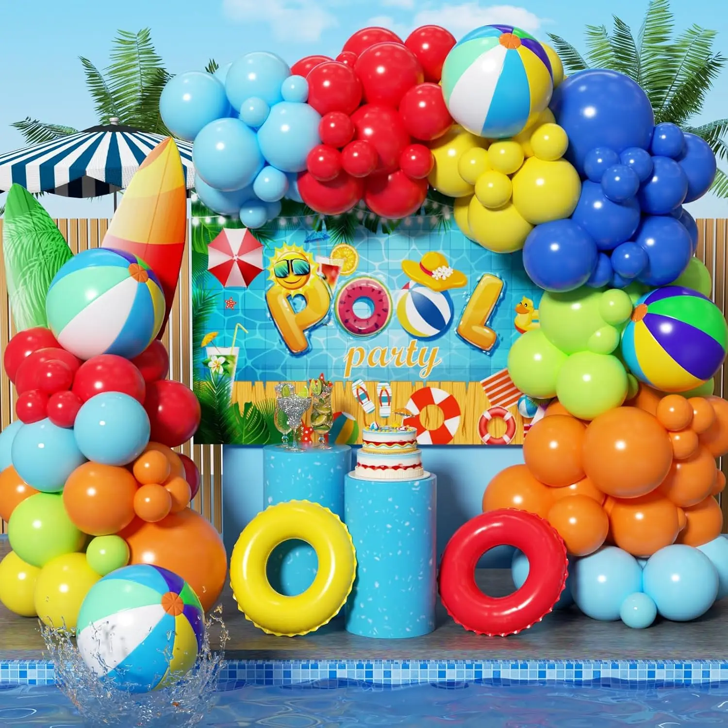 Party Decorations Supplies Kit - 153Pcs Summer Pool Party Balloon Garland Arch with Backdrop Beach Ball for Birthday Tropical Luau Hawaii Holiday Swimming Outdoor Pool Party Decor