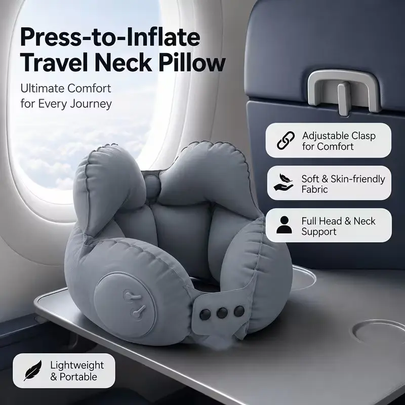Portable Inflatable Travel Neck Pillow, One-Button Compression Cushion, Comfortable Head and Neck Support for Airplane, Car, Office Nap, Camping, Supportive Head Cushion, Neck Rest Cushion