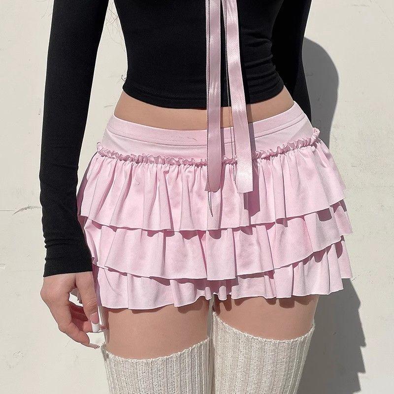 Pink Cake Skirt With Bow Back Butt A- Line Mini Skirt For Women Low Waist Autumn Winter Anti-Aging Versatile Polyester Fa..