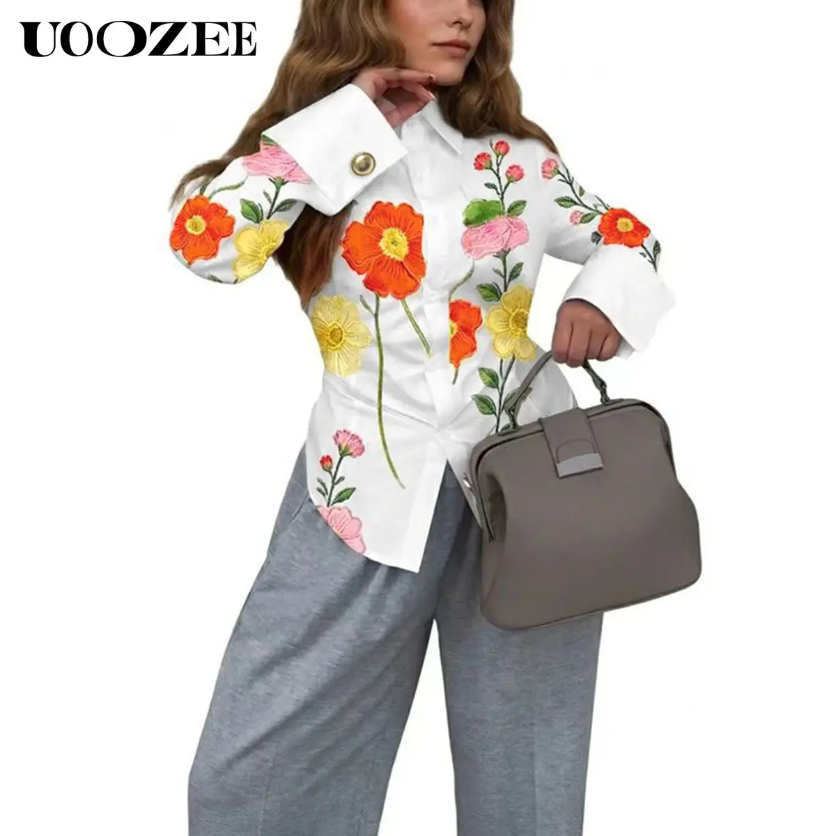 UOOZEE Women's Aesthetic Flower Print Blouse, Elegant Silky Polyester Long Sleeve Button Down Shirt for Smart Casual Street Wear, Trench, Grey, Pants, Shirts For Women, Wide Leg, Comfy Casual, Going Out, Office Ootd, Ootd Ideas, Lightweight, Colorful, Bre