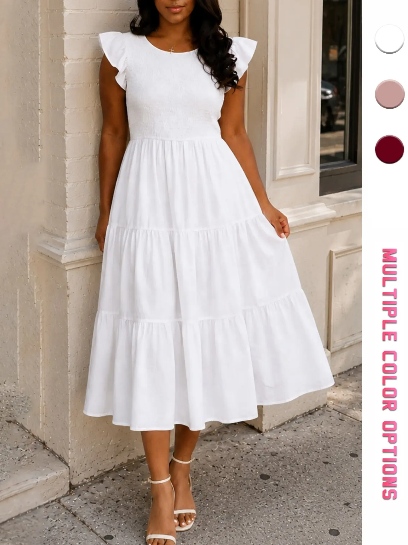 Women's Ruffled Ruffle Sleeve Layered Boho Style Dress, Lightweight A-Line, Round Neck Pleated Top, Multi-Layer Skirt Design, Perfect for Summer